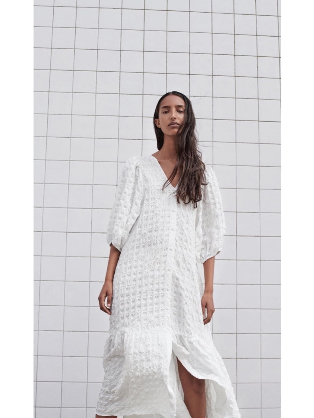 Zara Blogger White Textured Pleated Puff Sleeve Caftan Shirt Dress XS